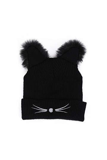 Susenstone Femme Chapeau Tricot Broderie Chat Oreille Mode Mignon Hiver Chaud Bonnet Slouchy Chaud Fausse Fourrure Neige Croc