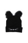 Susenstone Femme Chapeau Tricot Broderie Chat Oreille Mode Mignon Hiver Chaud Bonnet Slouchy Chaud Fausse Fourrure Neige Croc