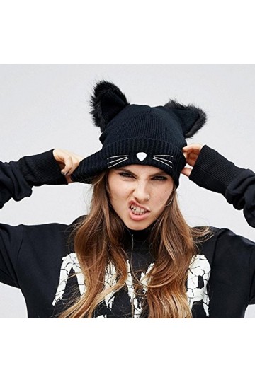 Susenstone Femme Chapeau Tricot Broderie Chat Oreille Mode Mignon Hiver Chaud Bonnet Slouchy Chaud Fausse Fourrure Neige Croc