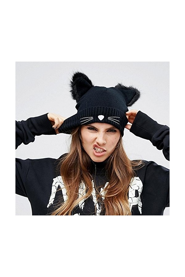 Susenstone Femme Chapeau Tricot Broderie Chat Oreille Mode Mignon Hiver Chaud Bonnet Slouchy Chaud Fausse Fourrure Neige Croc