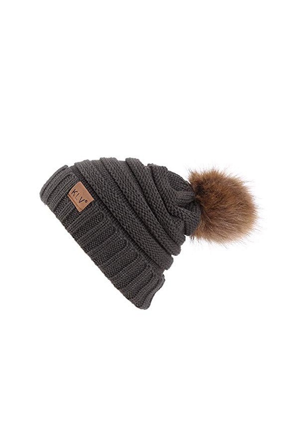 KaloryWee Bonnet Pompon Côtelé en Tricot Hiver Chaud Unisex Femme Homme Polaire Chapeau Chaud Tressé en Maille Fourrure Doubl