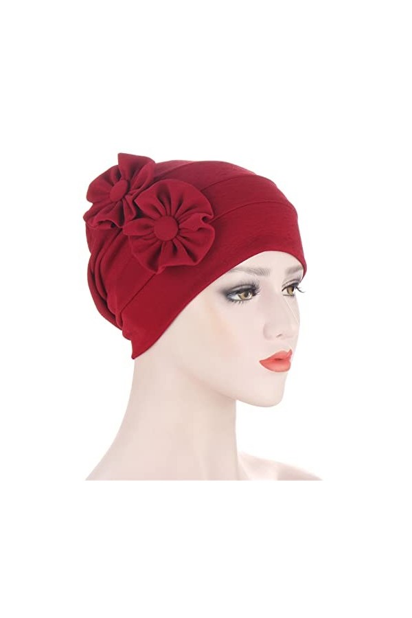 LOIJMK Turban Femme Hiver Chaud Bonnet Femmes Rouge Élastique Foulard avec Fleurs Douillé Casquette Décontractée Automne Et H
