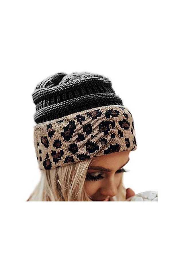 Sfit Chapeaux Tricotés Léopard pour Femmes Hiver Un Bonnet en Polaire Doux Chaud Épaissir Accessoires pour Ski Plein Air pour