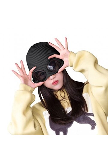 Bonnet dhiver chaud en tricot souple avec lunettes épaisses et velours pour homme et femme, Noir , Taille unique