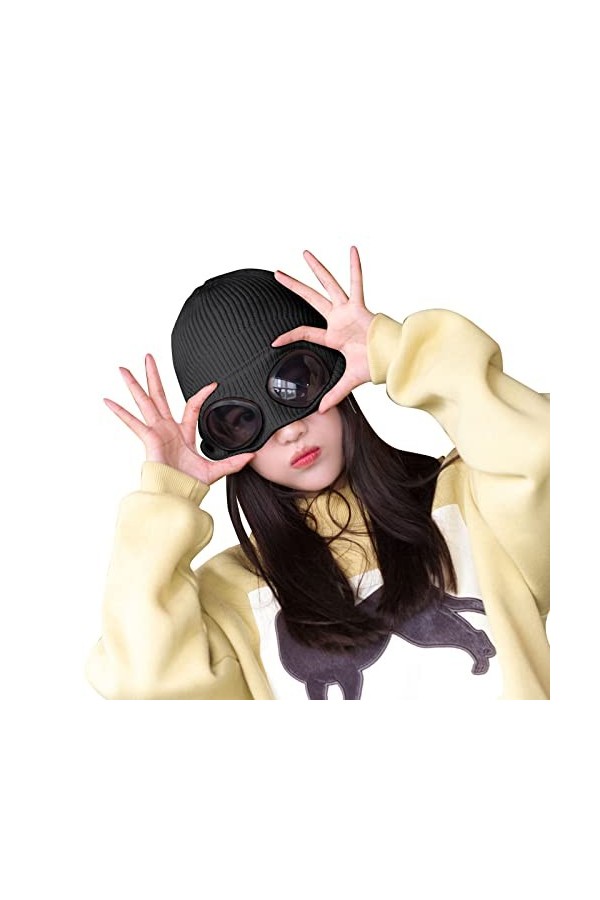 Bonnet dhiver chaud en tricot souple avec lunettes épaisses et velours pour homme et femme, Noir , Taille unique