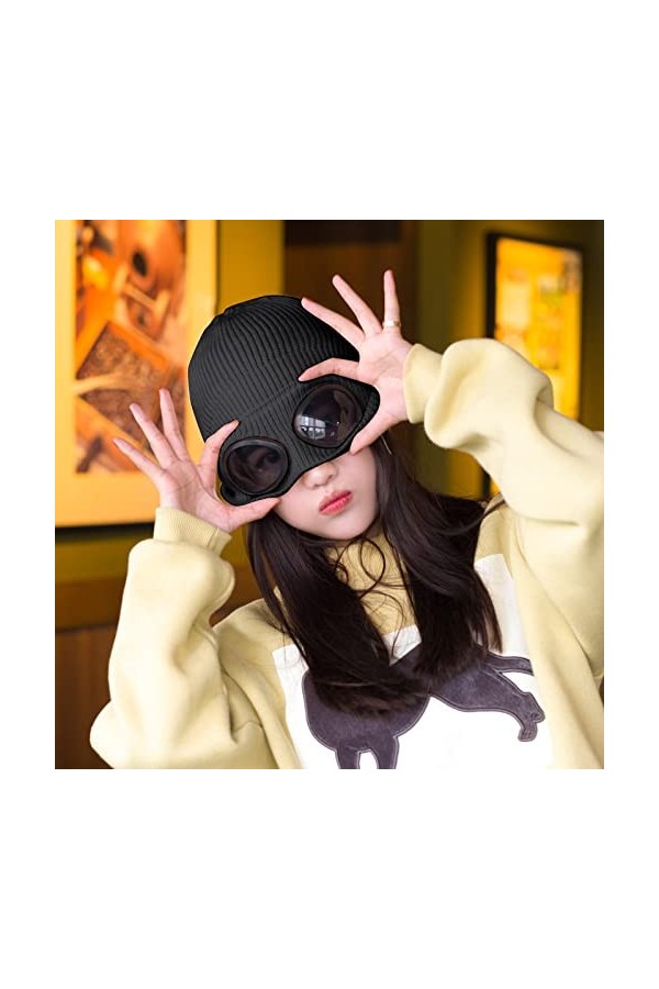 Bonnet dhiver chaud en tricot souple avec lunettes épaisses et velours pour homme et femme, Noir , Taille unique