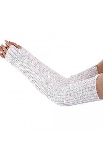 Gant Tricot Femme, Poignet Bras Main Chaude Long Mitaines Mitten Fingerless Blanc