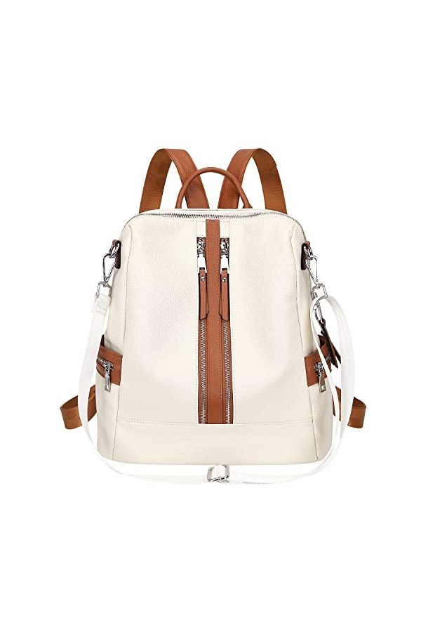 ALTOSY Sac à dos en cuir véritable pour femme Élégant Pour Loisirs Uni Medium Avec petit porte-monnaie S77, Beige/Marron 