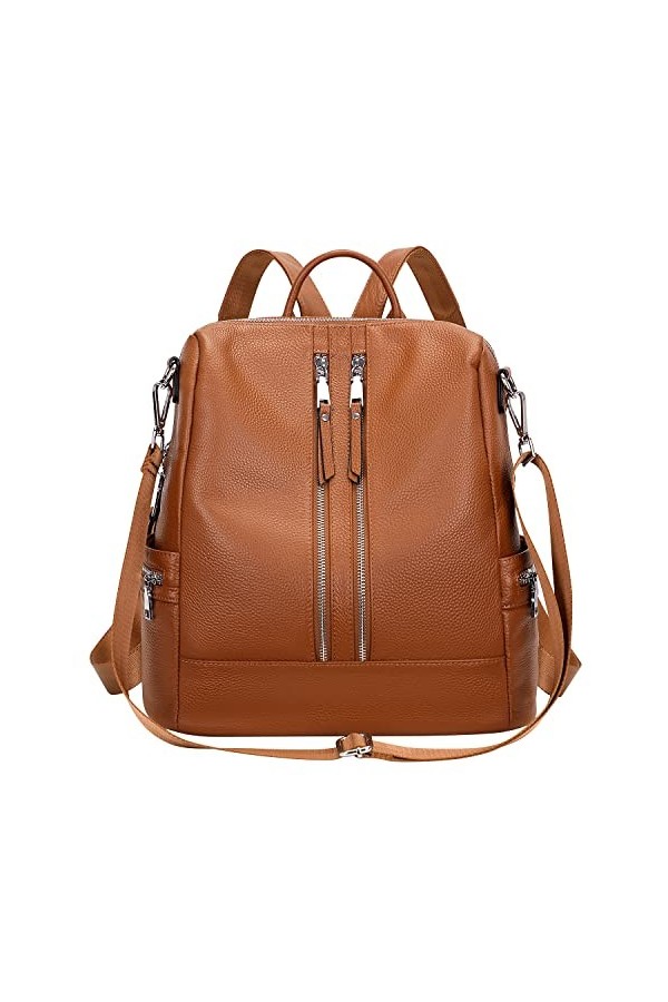 ALTOSY Sac à dos en cuir véritable pour femme Élégant Pour Loisirs Uni Medium Avec petit porte-monnaie S77, Beige/Marron 