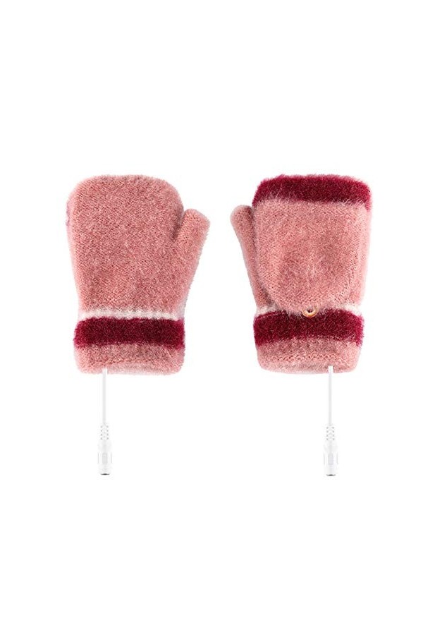Moufles chauffantes pour ordinateur portable avec doigts pleins et moitié tricotés USB pour lhiver, rose, taille unique