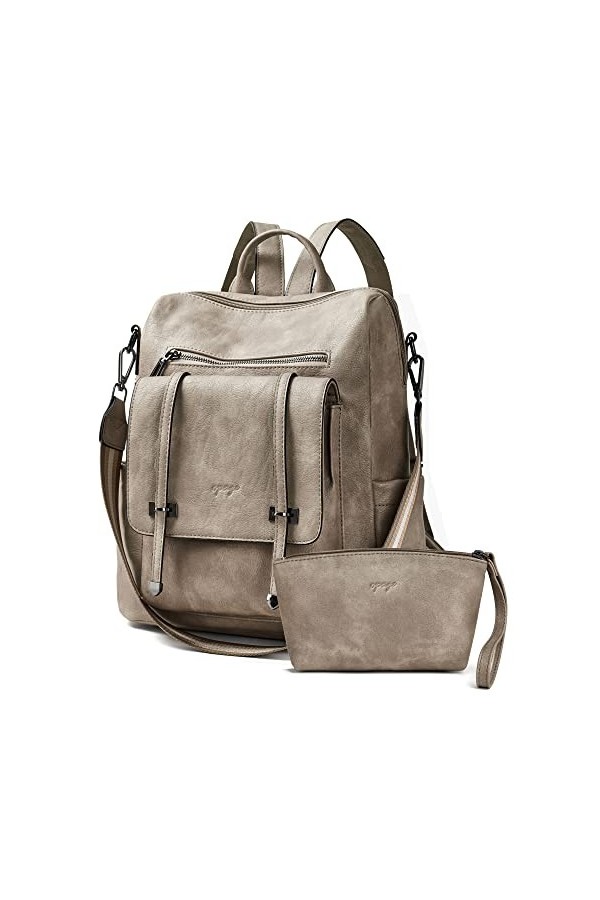 OPAGE Sac à dos en cuir pour femme avec pochette, Gris bicolore 2-1