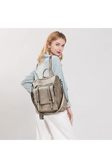 OPAGE Sac à dos en cuir pour femme avec pochette, Gris bicolore 2-1