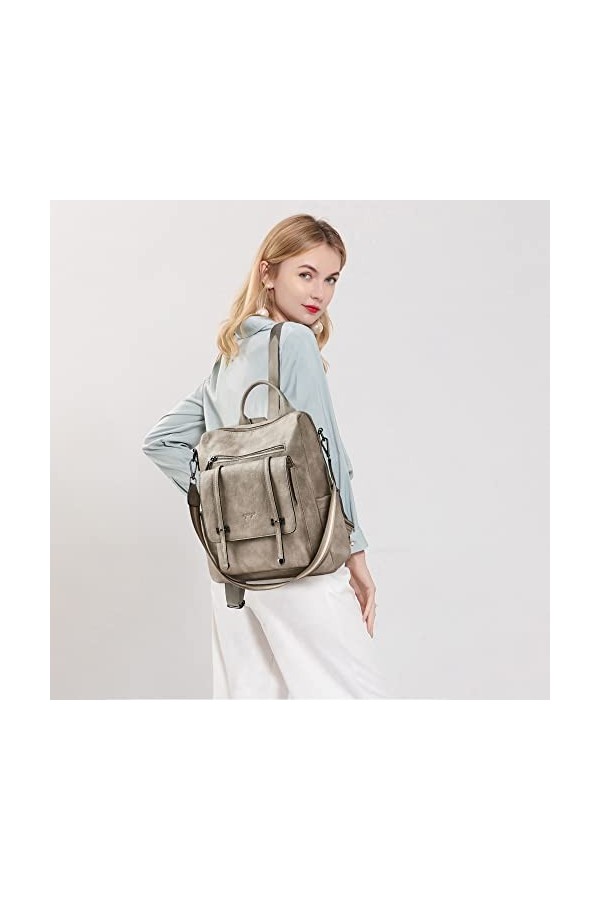 OPAGE Sac à dos en cuir pour femme avec pochette, Gris bicolore 2-1