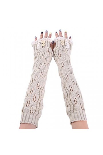 Tricotés Longues Gants Femme, Souple Mitaines En Tricot Chaud Fingerless Beige
