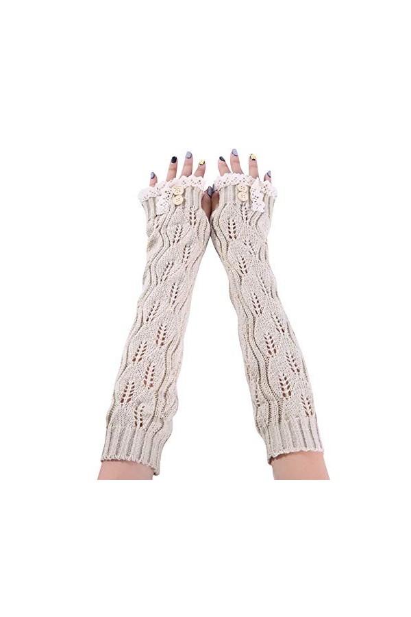 Tricotés Longues Gants Femme, Souple Mitaines En Tricot Chaud Fingerless Beige