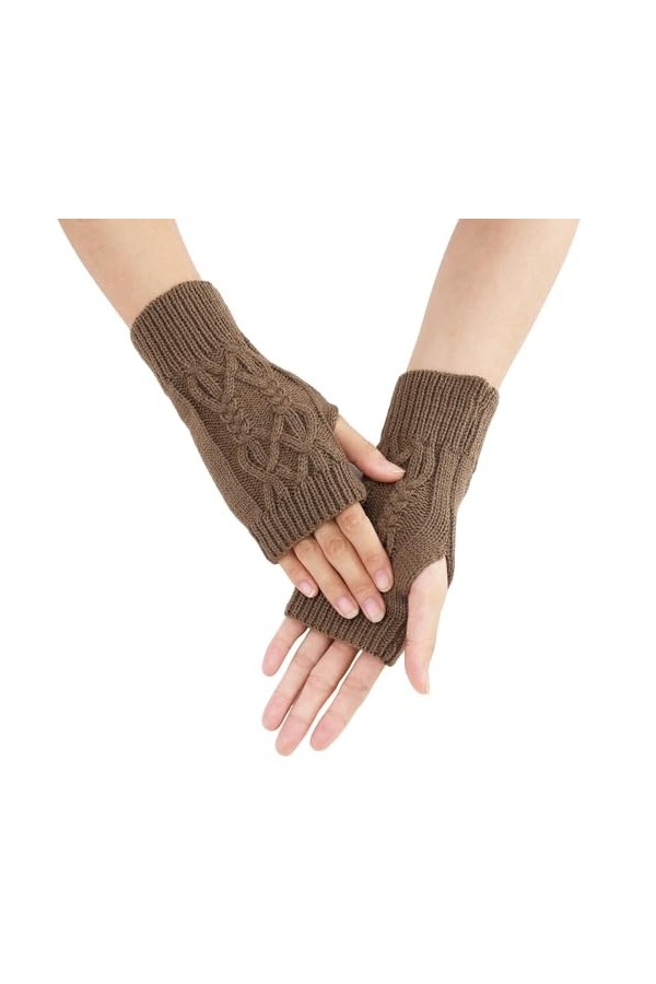 Gefomuofe Gants longs sans doigts avec trou pour le pouce - Gants dhiver en tricot - Mitaines pour homme et femme, B Kaki, t