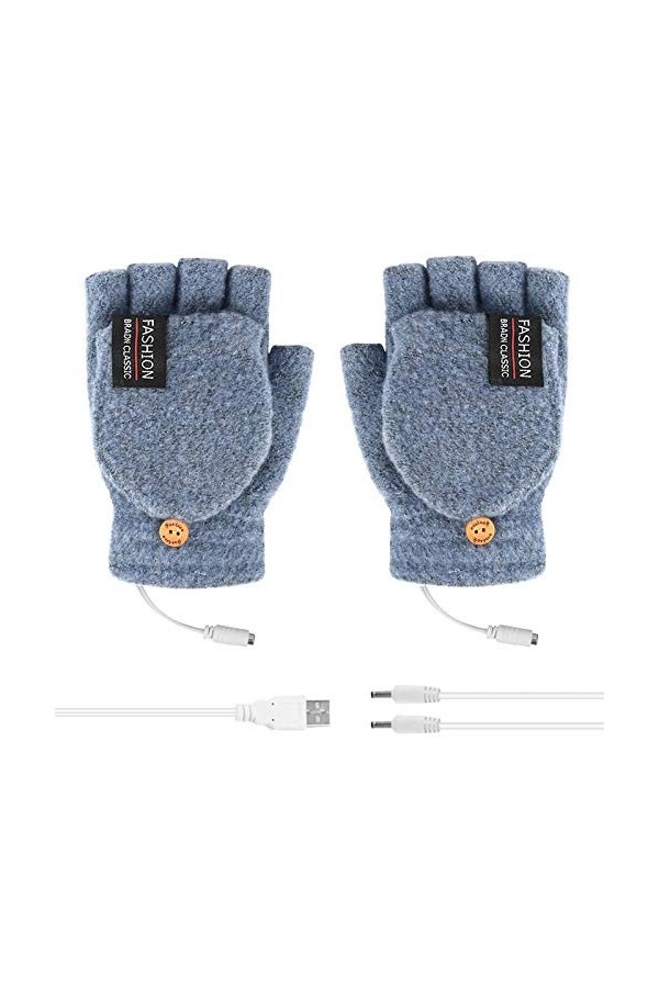 Moufles dhiver chaudes en tricot pour homme et femme avec port USB - Pour temps froid - Pour lhiver, bleu, Taille Unique