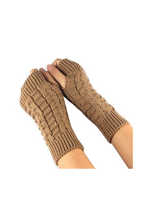 Mitaines Gants Femme Hiver sans Doigts en Coton Tricotés Chaud Simples Elegants Vert 