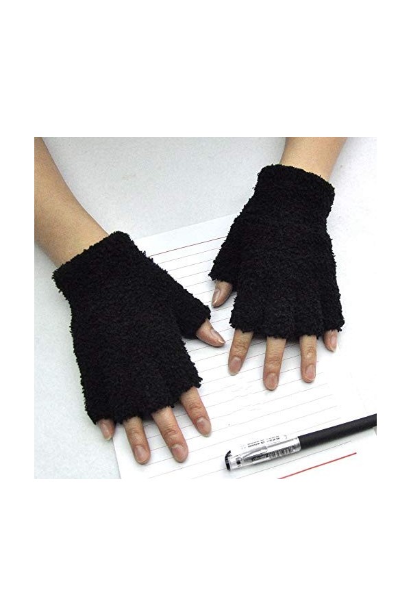 Gants unisexes pour femme - Mitaines en polaire - Demi-doigts duveteux - Chaud - Pour lhiver