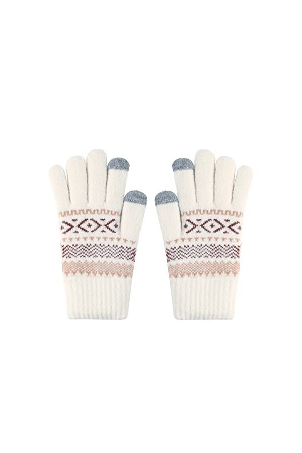 Gants dhiver chauds en tricot avec poche Motif fleur de neige, beige, taille unique