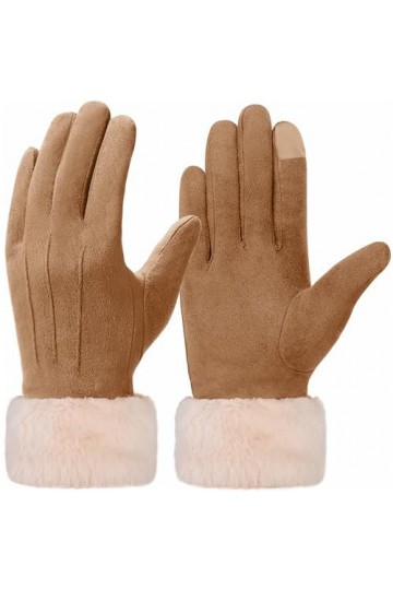 Vagasi Gants Cuir Femme Véritable Suédé Poils Hiver Chaud Epais Mouffle Ecran Tactile Doublure Polaire Confortable Conduite J