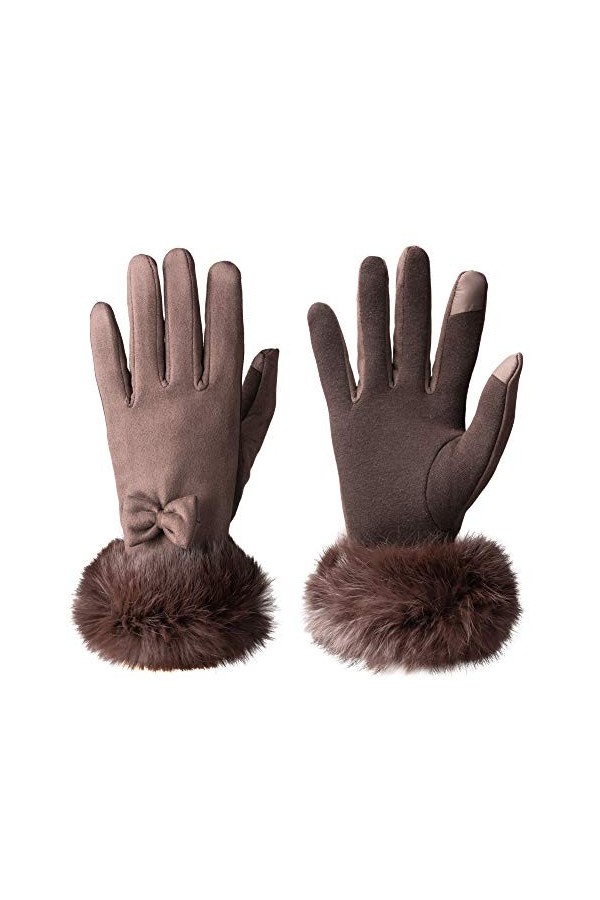 Vagasi Gants Cuir Femme Véritable Suédé Poils Hiver Chaud Epais Mouffle Ecran Tactile Doublure Polaire Confortable Conduite J