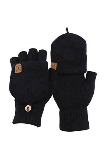 VEGCOO Mitaine Femme Hiver Chaud, Mitaine avec Couverture Demi-doigts en Tricot Mitaine Convertibles à Deux Formes Noir-2 