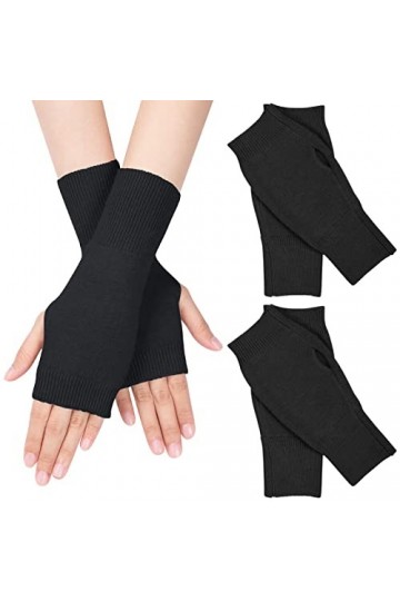 MELLIEX 2 Paires de Gants Sans Doigts Chauffe-poignets en Cachemire Gants Thermiques avec Trou pour le Pouce - Noir