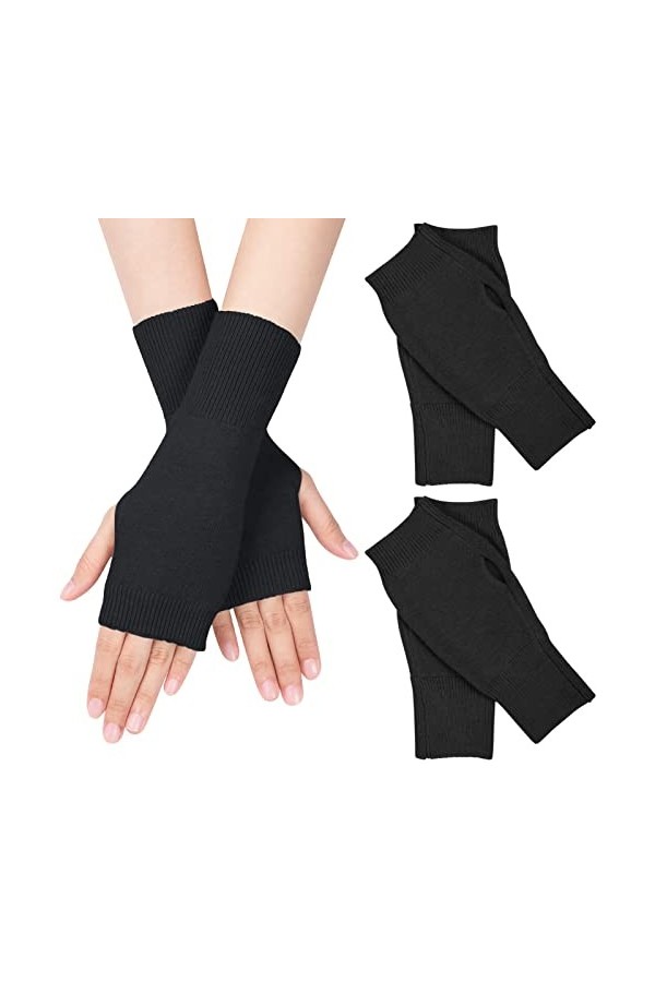 MELLIEX 2 Paires de Gants Sans Doigts Chauffe-poignets en Cachemire Gants Thermiques avec Trou pour le Pouce - Noir