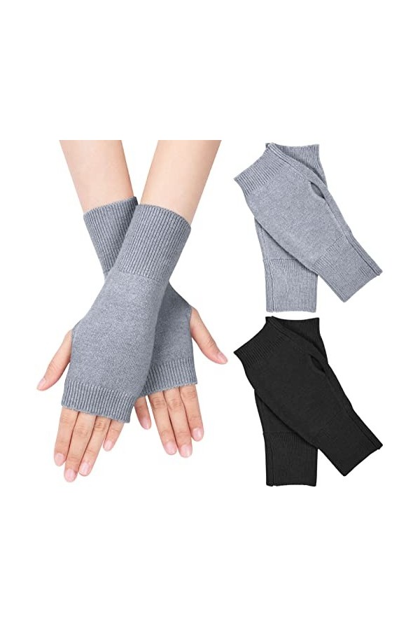 MELLIEX 2 Paires de Gants Sans Doigts Chauffe-poignets en Cachemire Gants Thermiques avec Trou pour le Pouce - Noir