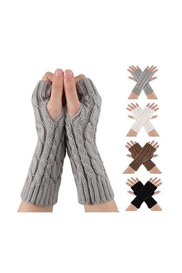 TAGVO Gants sans Doigts Mitaines Demi Doigts 4 Paires, Extensible Tricotés Gants Chauds dHiver, Mitaines Gants Femme, Hiver 