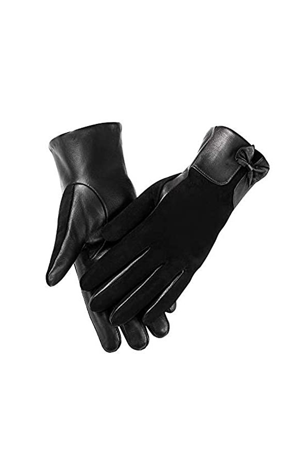 MaxW Automne Hiver Gants en Cuir pour Femmes Noire Gants en Peau de Mouton avec Écran Tactile Conduite Cyclisme Moufles Doubl