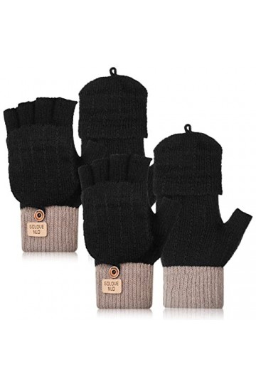 2 Gants sans Doigts Convertibles Thermiques Hiver en Tricot Torsadé avec Couvercle à Rabat Noir, Gris 