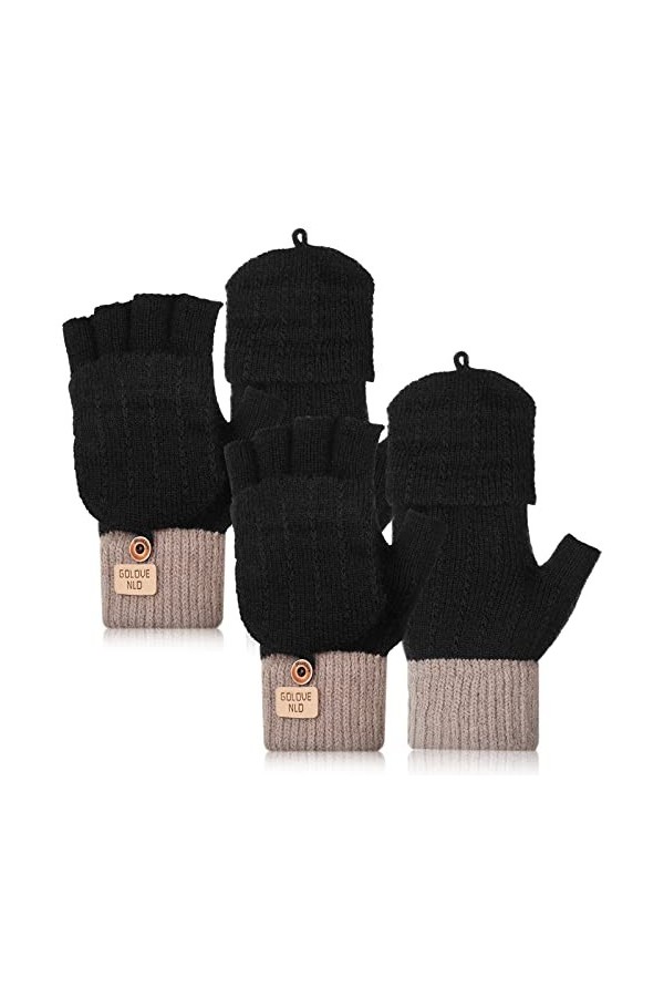 2 Gants sans Doigts Convertibles Thermiques Hiver en Tricot Torsadé avec Couvercle à Rabat Noir, Gris 