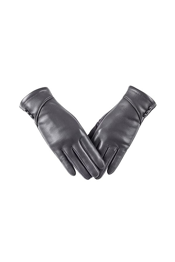 Gants dhiver en cuir pour femme chauds en daim avec doublure en laine coupe-vent compatibles avec écran tactile, Noir , S-M