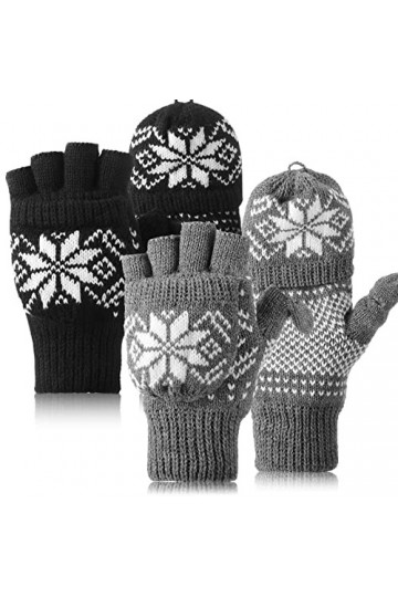 SATINIOR 2 Paires Mitaines Convertibles Gants sans Doigts avec Couverture en Tricot avec Motif Flocon de Neige Noir, Gris 
