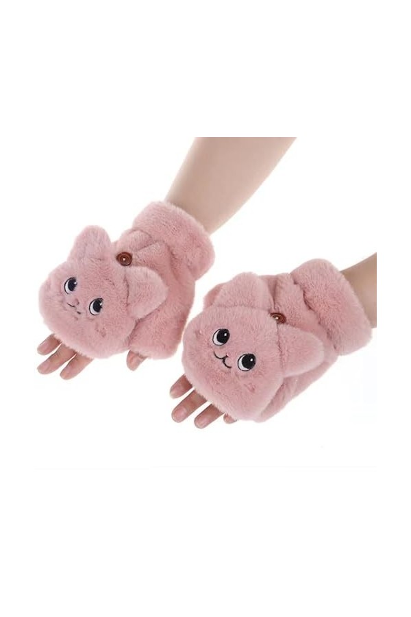 Mitaines Sans Doigts Femme, Gants d’hiver Fille, Motif Chat Gants Convertible Thermique, Gants Demi-Doigt avec Couvercle Mouf