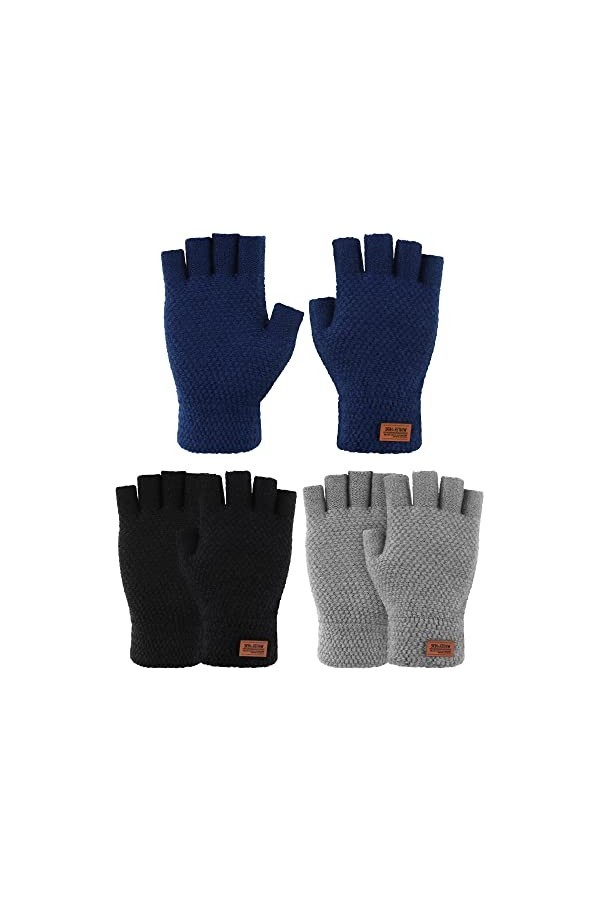 3 Paires Gants sans Doigts dHiver en Fausse Fourrure de Vison, Multicolore Noir, Marine, Gris Clair , Taille Unique