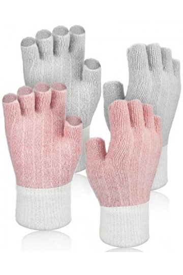 Gants Demi-Doigts en Tricot Mitaines dHiver Thermique pour Noël Femmes Filles Blanc entre Rose, Blanc entre Gris 