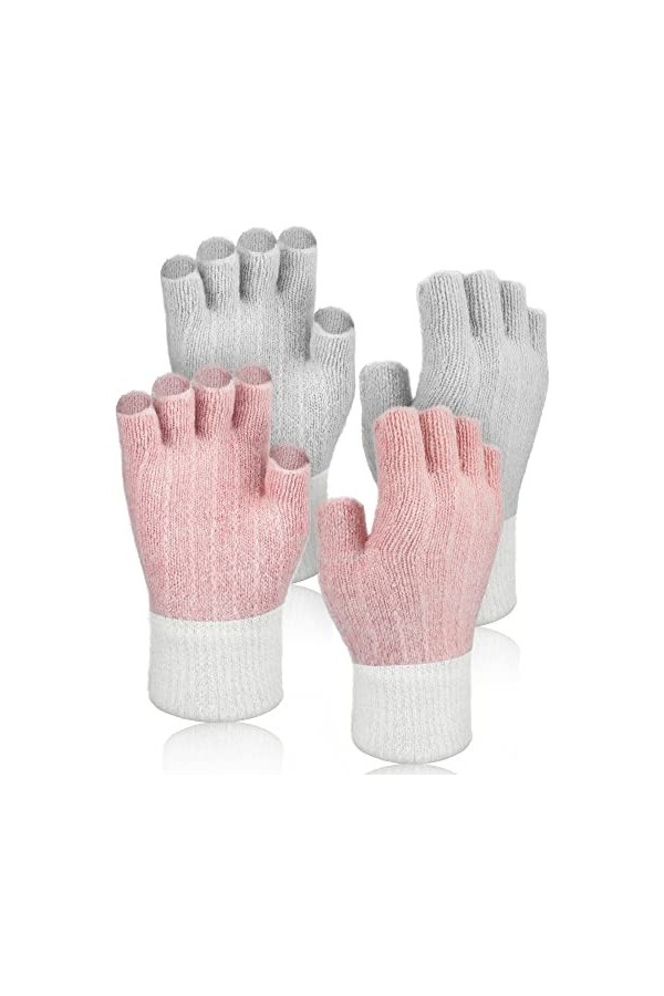 Gants Demi-Doigts en Tricot Mitaines dHiver Thermique pour Noël Femmes Filles Blanc entre Rose, Blanc entre Gris 