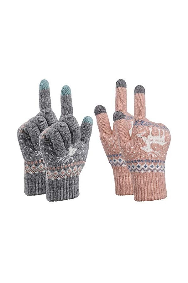 MengH-SHOP Gants Femme Hiver Gants à Ecran Tactiles Tricotés Chaud Douce Motif de Elaphurus Mignon Taille Unique 2 Paires Bl