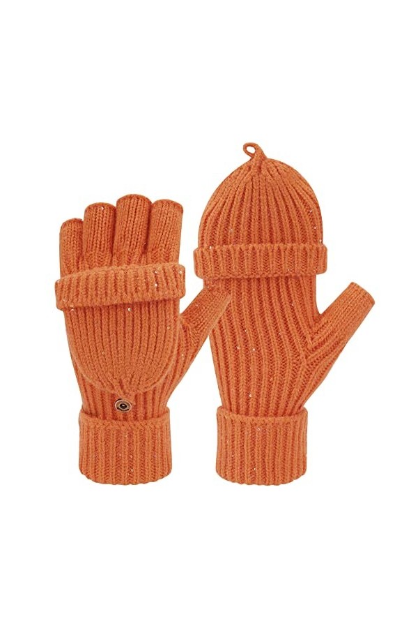 Femme Hiver Chaud Tricot Flip Gants de Travail Extensible Mitaines Gants Tactiles avec Couvre Doigts Bouton, Orange