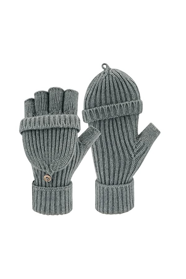 Femme Hiver Chaud Tricot Flip Gants de Travail Extensible Mitaines Gants Tactiles avec Couvre Doigts Bouton, Orange