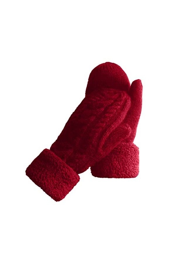 Gants dhiver pour femme avec doublure chaude – Gants épais en laine tricotée, Vin + gris, taille unique