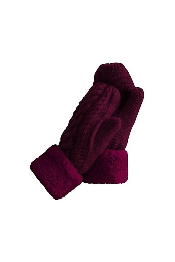 Gants dhiver pour femme avec doublure chaude – Gants épais en laine tricotée, Vin + gris, taille unique