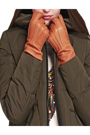 YISEVEN Femmes Gants en Cuir de Cerf Doublés de Cachemire Cousus à La Main Classique à Trois Points et Manchette Longue pour 