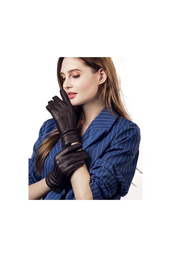 YISEVEN Femmes Gants en Cuir de Cerf Doublés de Cachemire Cousus à La Main Classique à Trois Points et Manchette Longue pour 
