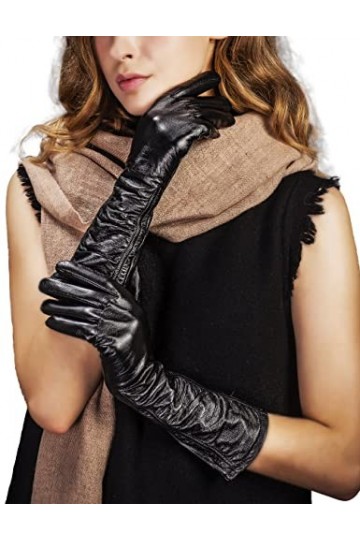 YISEVEN Femme Gants dOpéra en Cuir de Mouton Écran Tactile en Laine Doublée Mi-long Élégant Design Froissé et Coude Long Hiv