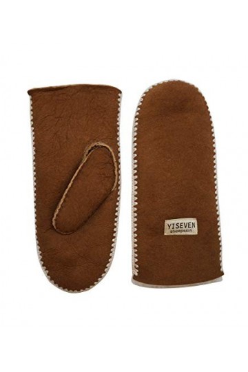 YISEVEN Femme Gants Moufles en Cuir Peau de Mouton dAgneau Véritable Rayures Chaud Épais Fourrure Doublée Thermique Poignet 