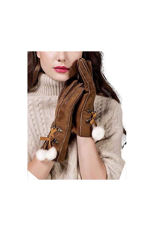 YISEVEN Femme Hiver Nouveau Gants en Cuir Peau de Mouton Véritable Chaud Épais Fourrure Doublure Mérino en Velours Agneau The